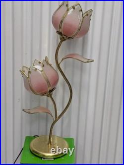 Vintage Lotus Pink Flower Tulips Brass Lamp Underwriters Laboratories Beautiful