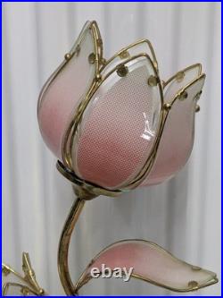 Vintage Lotus Pink Flower Tulips Brass Lamp Underwriters Laboratories Beautiful
