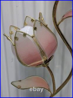 Vintage Lotus Pink Flower Tulips Brass Lamp Underwriters Laboratories Beautiful