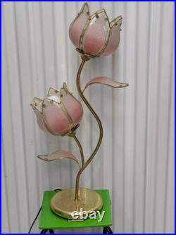 Vintage Lotus Pink Flower Tulips Brass Lamp Underwriters Laboratories Beautiful