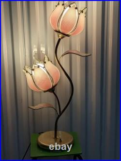 Vintage Lotus Pink Flower Tulips Brass Lamp Underwriters Laboratories Beautiful