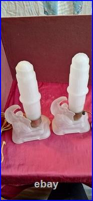 Vintage MCKEE Art Deco Frosted Glass Skyscraper Angels 2 Lamps