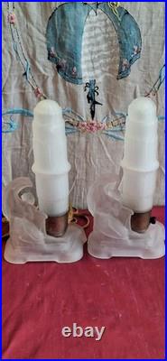 Vintage MCKEE Art Deco Frosted Glass Skyscraper Angels 2 Lamps