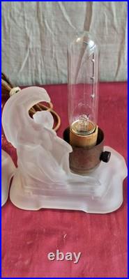 Vintage MCKEE Art Deco Frosted Glass Skyscraper Angels 2 Lamps