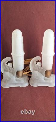 Vintage MCKEE Art Deco Frosted Glass Skyscraper Angels 2 Lamps