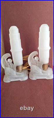 Vintage MCKEE Art Deco Frosted Glass Skyscraper Angels 2 Lamps