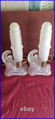Vintage MCKEE Art Deco Frosted Glass Skyscraper Angels 2 Lamps