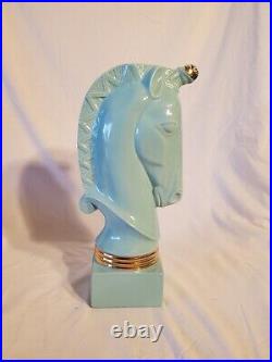 Vintage MCM Large Unicorn Head Lamp Base Aqua 22k Gold Trim Art Deco Horse Read