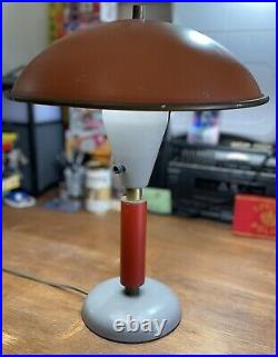 Vintage Machine Age Art Deco Desk Lamp Flying Saucer Orange Red Two Tone MCM 17