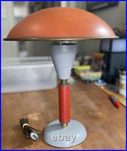 Vintage Machine Age Art Deco Desk Lamp Flying Saucer Orange Red Two Tone MCM 17