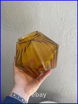 Vintage Mcm Art Deco Amber Optic Geometric Glass Flush Mount Ceiling Shade Lamp