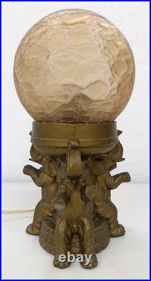 Vintage Metal Art Deco ELEPHANT Lamp with Crackle Glass Globe Shade Spelter