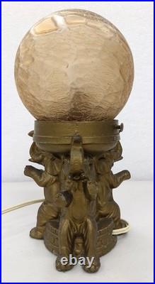 Vintage Metal Art Deco ELEPHANT Lamp with Crackle Glass Globe Shade Spelter