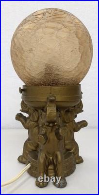 Vintage Metal Art Deco ELEPHANT Lamp with Crackle Glass Globe Shade Spelter