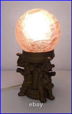 Vintage Metal Art Deco ELEPHANT Lamp with Crackle Glass Globe Shade Spelter