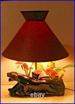 Vintage Mid Century Art Deco Black Panther Ceramic TV LampPlanter Glass Flowers