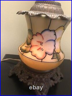 Vintage Milk Glass Hurricane Table Lamp Hand Painted Art Deco Floral
