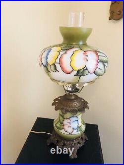 Vintage Milk Glass Hurricane Table Lamp Hand Painted Art Deco Floral