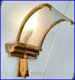 Vintage Old Art Deco Skyscraper Brass & Glass Rod Ship Light Wall Sconces Lamp