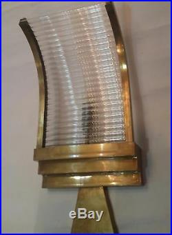 Vintage Old Art Deco Skyscraper Brass & Glass Rod Ship Light Wall Sconces Lamp
