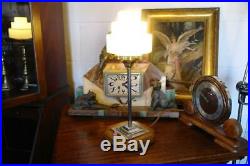 Vintage Original Art Deco Chrome Desk Lamp Stepped Glass Shade Walnut Base 20's