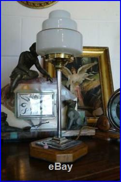 Vintage Original Art Deco Chrome Desk Lamp Stepped Glass Shade Walnut Base 20's