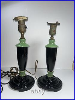 Vintage Pair -2 Houzex Glass Products Jadeite And Black Glass Table Lamps