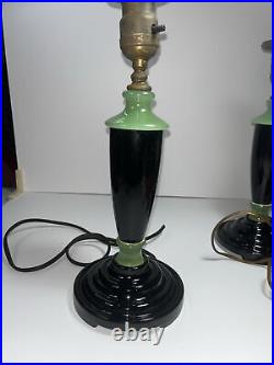 Vintage Pair -2 Houzex Glass Products Jadeite And Black Glass Table Lamps