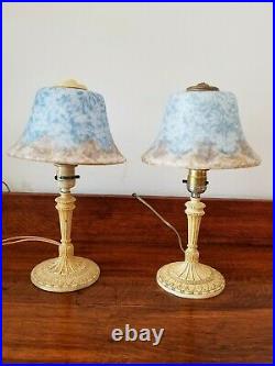 Vintage Pair Art Deco Acid Etched Reverse Painted Bellova Boudoir Lamps