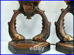 Vintage Pair Art Deco Fish Spelter Bronze Table Lamp W Brain Crackle Amber Shade