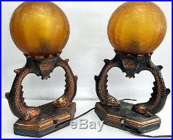 Vintage Pair Art Deco Fish Spelter Bronze Table Lamp W Brain Crackle Amber Shade