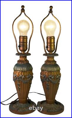 Vintage Pair Of 2 Art Deco Cast Iron Lamps With Ornate Floral Design WORKING