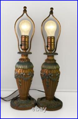 Vintage Pair Of 2 Art Deco Cast Iron Lamps With Ornate Floral Design WORKING