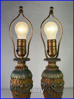 Vintage Pair Of 2 Art Deco Cast Iron Lamps With Ornate Floral Design WORKING