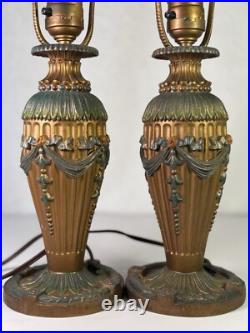 Vintage Pair Of 2 Art Deco Cast Iron Lamps With Ornate Floral Design WORKING