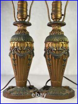Vintage Pair Of 2 Art Deco Cast Iron Lamps With Ornate Floral Design WORKING