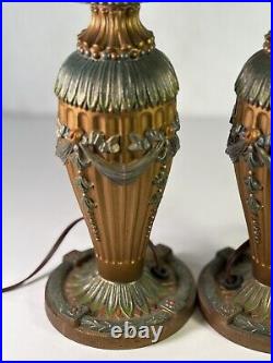 Vintage Pair Of 2 Art Deco Cast Iron Lamps With Ornate Floral Design WORKING