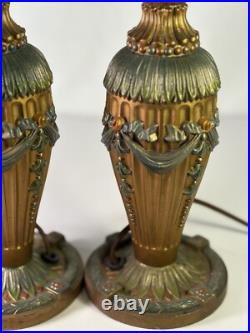 Vintage Pair Of 2 Art Deco Cast Iron Lamps With Ornate Floral Design WORKING