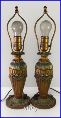 Vintage Pair Of 2 Art Deco Cast Iron Lamps With Ornate Floral Design WORKING