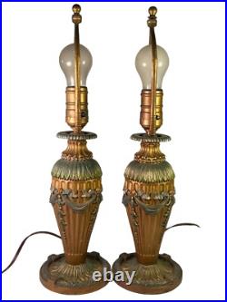 Vintage Pair Of 2 Art Deco Cast Iron Lamps With Ornate Floral Design WORKING