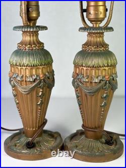 Vintage Pair Of 2 Art Deco Cast Iron Lamps With Ornate Floral Design WORKING