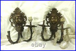 Vintage Pair Of Brass Lamps Holder Art Woman's Face, Bow European Lighting