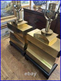 Vintage Pair Quality Brass Art Deco Modernist Square Lamps 24 Tall