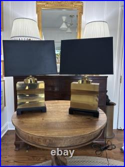 Vintage Pair Quality Brass Art Deco Modernist Square Lamps 24 Tall