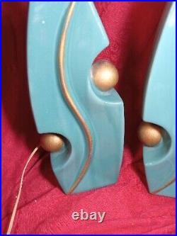 Vintage Pair Turquoise MCM 40s Art Deco Urn Table Lamps Gold Porcelain VERY SEXY