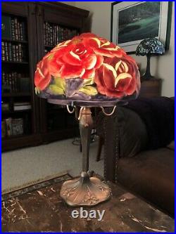 Vintage Reverse Painted Floral Pairpoint Puffy Style Lamp with Art Deco Style Base
