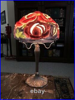 Vintage Reverse Painted Floral Pairpoint Puffy Style Lamp with Art Deco Style Base