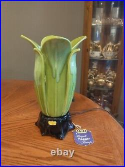 Vintage Royal Haeger 1950's Petal Art Deco Green Honey Glaze TV Lamp With Tags