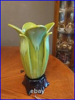 Vintage Royal Haeger 1950's Petal Art Deco Green Honey Glaze TV Lamp With Tags