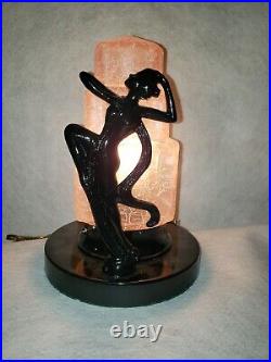 Vintage Sarsaparilla Dancing Nymph Art Deco Table Lamp with Pink Skyscraper Shade